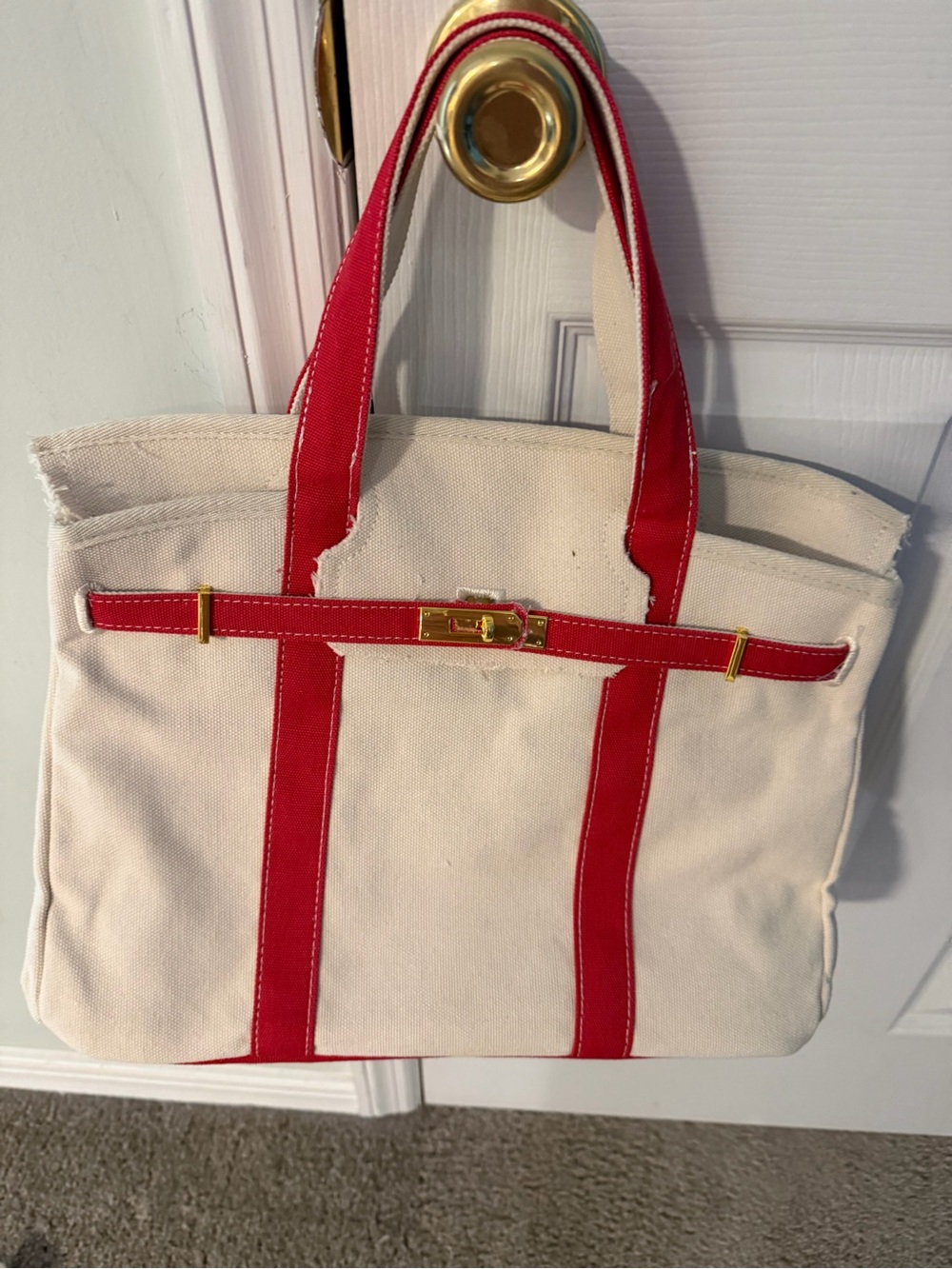 Canvas Tote with pink Trim and Gold Accent and scarf in packaging